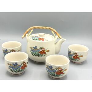 Vintage Japanese Kutani Porcelain Tea Set Hand Painted Iris Design